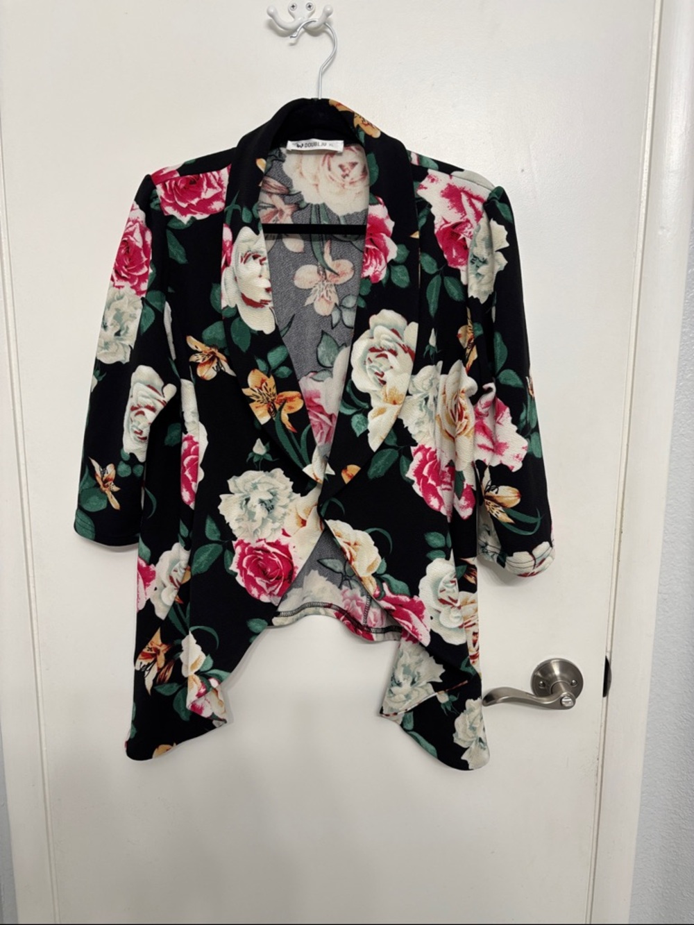 Doublju Black Floral Draped Blazer with Pink & Cream Roses